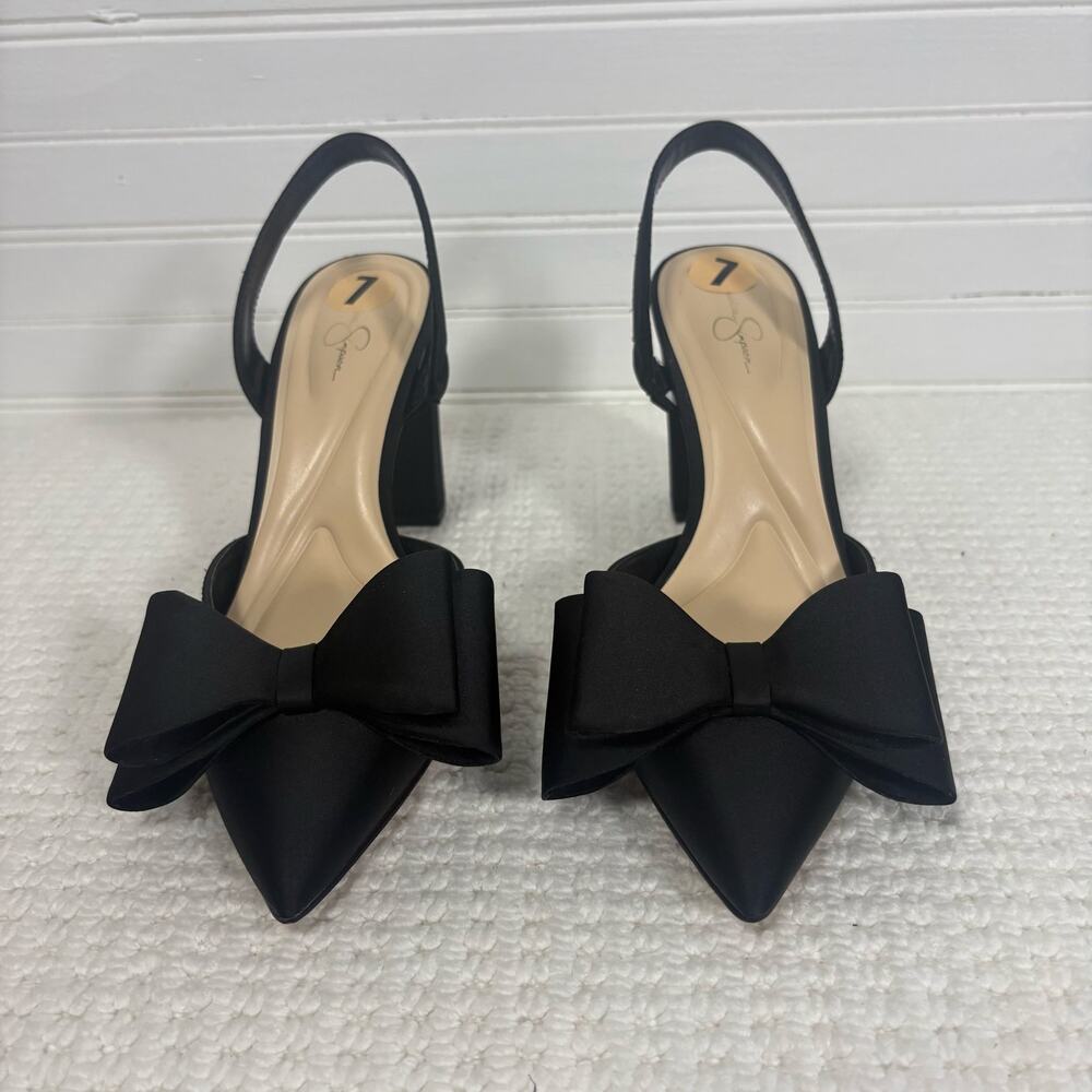 Jessica Simpson Naomia3 Black Satin Bow Slingback Pump Chunky Block Heel Shoes 7